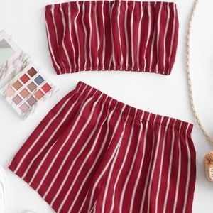 Cherry Red Stripe Tube Top & Shorts Set